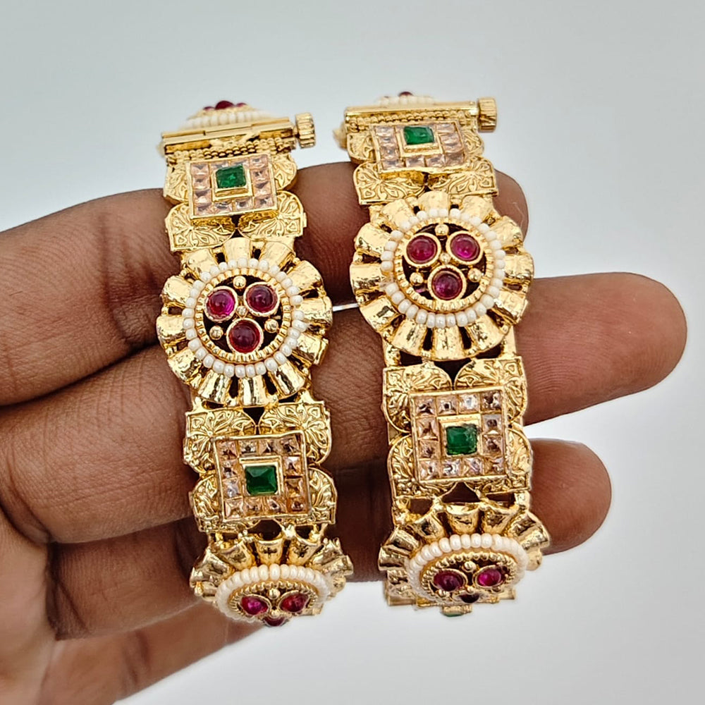 Rajwadi Collection Heritage Pota Stone And Pearl Openable Bangles Set 