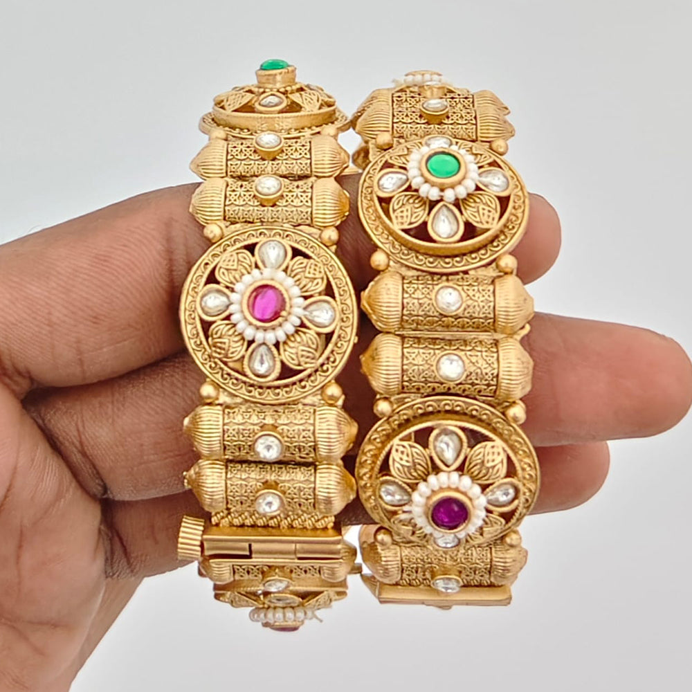 Rajwadi Collection Heritage Pota Stone And Pearl Openable Bangles Set 