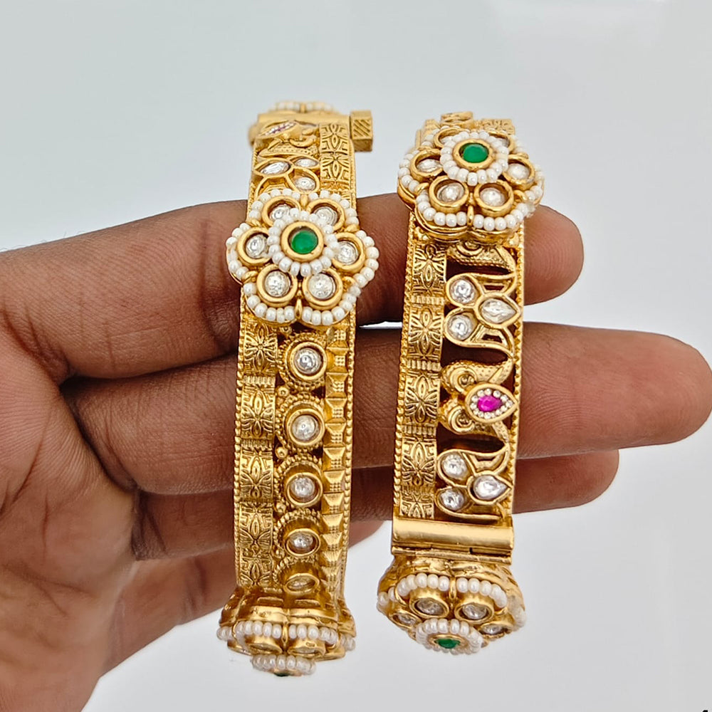 Rajwadi Collection Heritage Pota Stone And Pearl Openable Bangles Set 