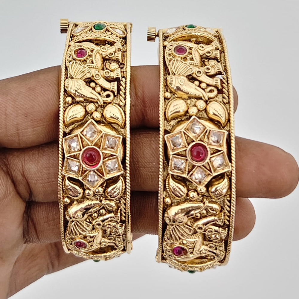 Rajwadi Collection Heritage Pota Stone And Crystal Stone Openable Bangles Set 