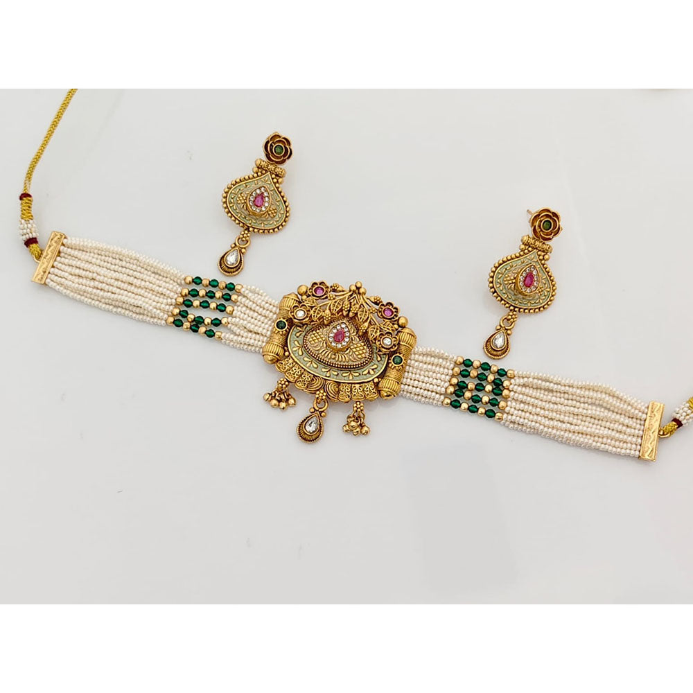 Rajwadi Collection Regal Pota And Meenakari Pearl Choker Necklace Set