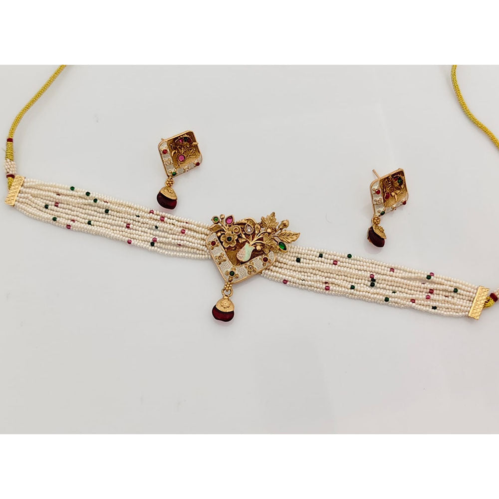 Rajwadi Collection Regal Pota And Meenakari Pearl Choker Necklace Set