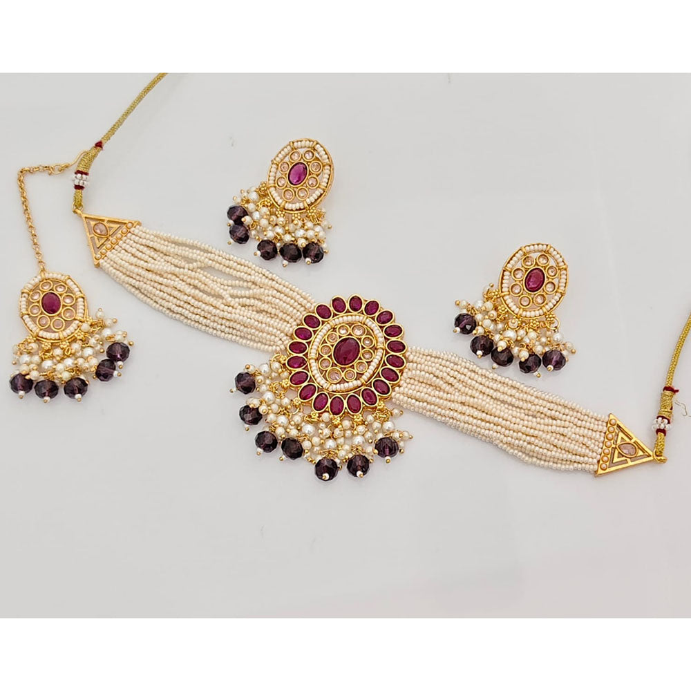 Rajwadi Collection Classic Crystal Stone Pearl And Beaded Choker Necklace Set
