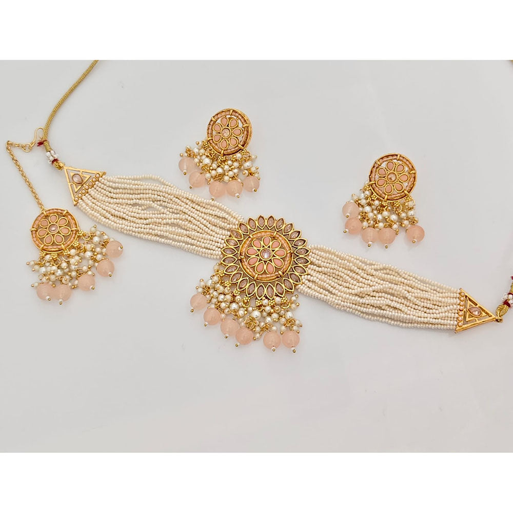 Rajwadi Collection Classic Crystal Stone Pearl And Beaded Choker Necklace Set