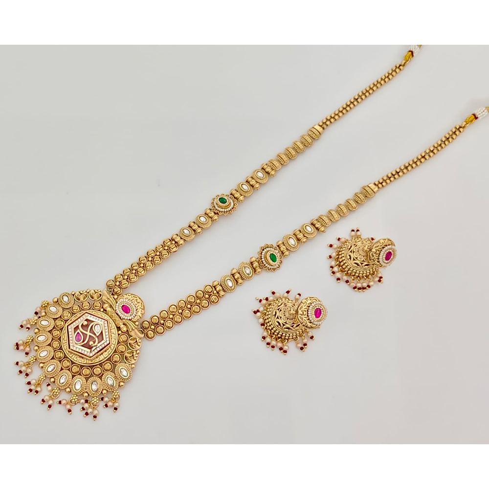 Rajwadi Collection Traditional Pota Stone And Pearl Long Necklace Set