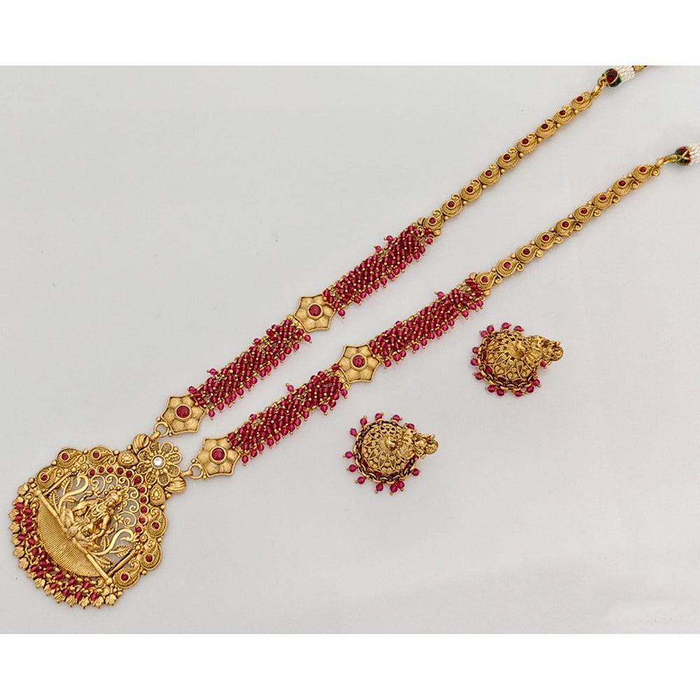 Rajwadi Collection Traditional Pota Stone And Pearl Temple Long Necklace Set