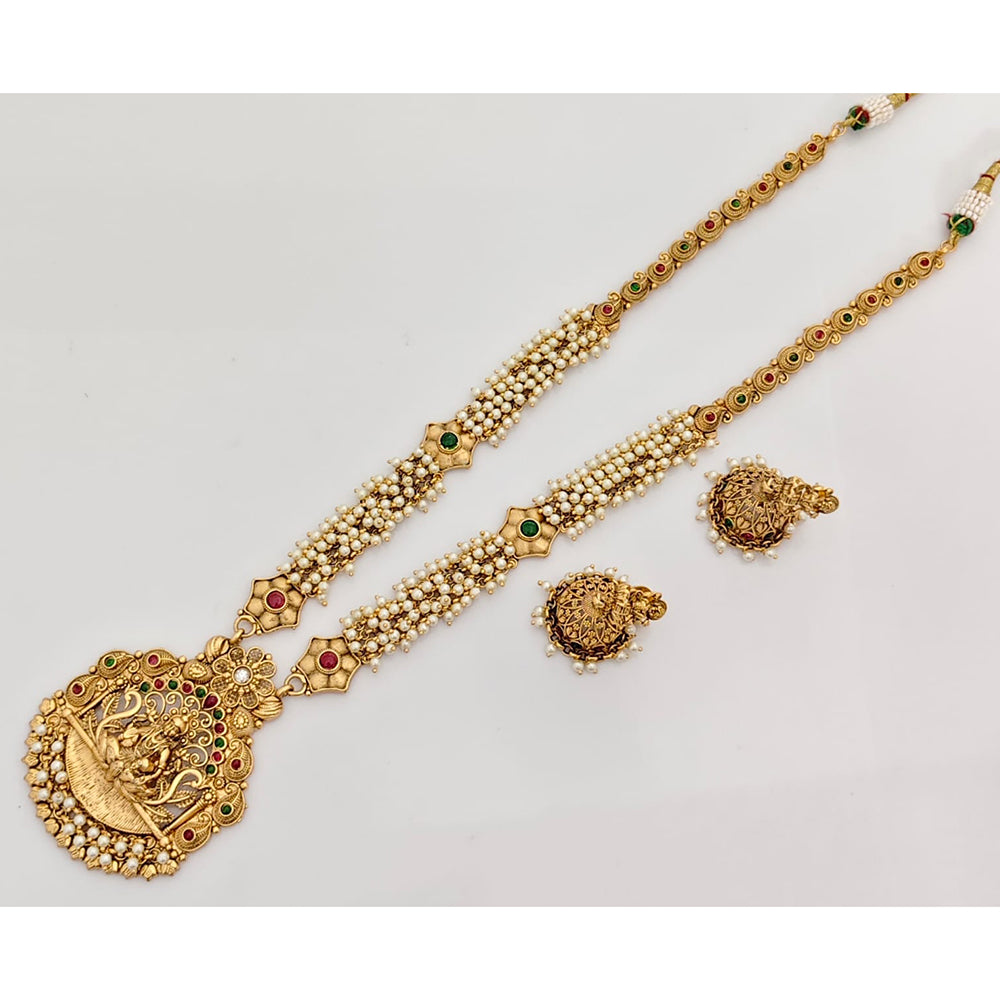 Rajwadi Collection Traditional Pota Stone And Pearl Temple Long Necklace Set
