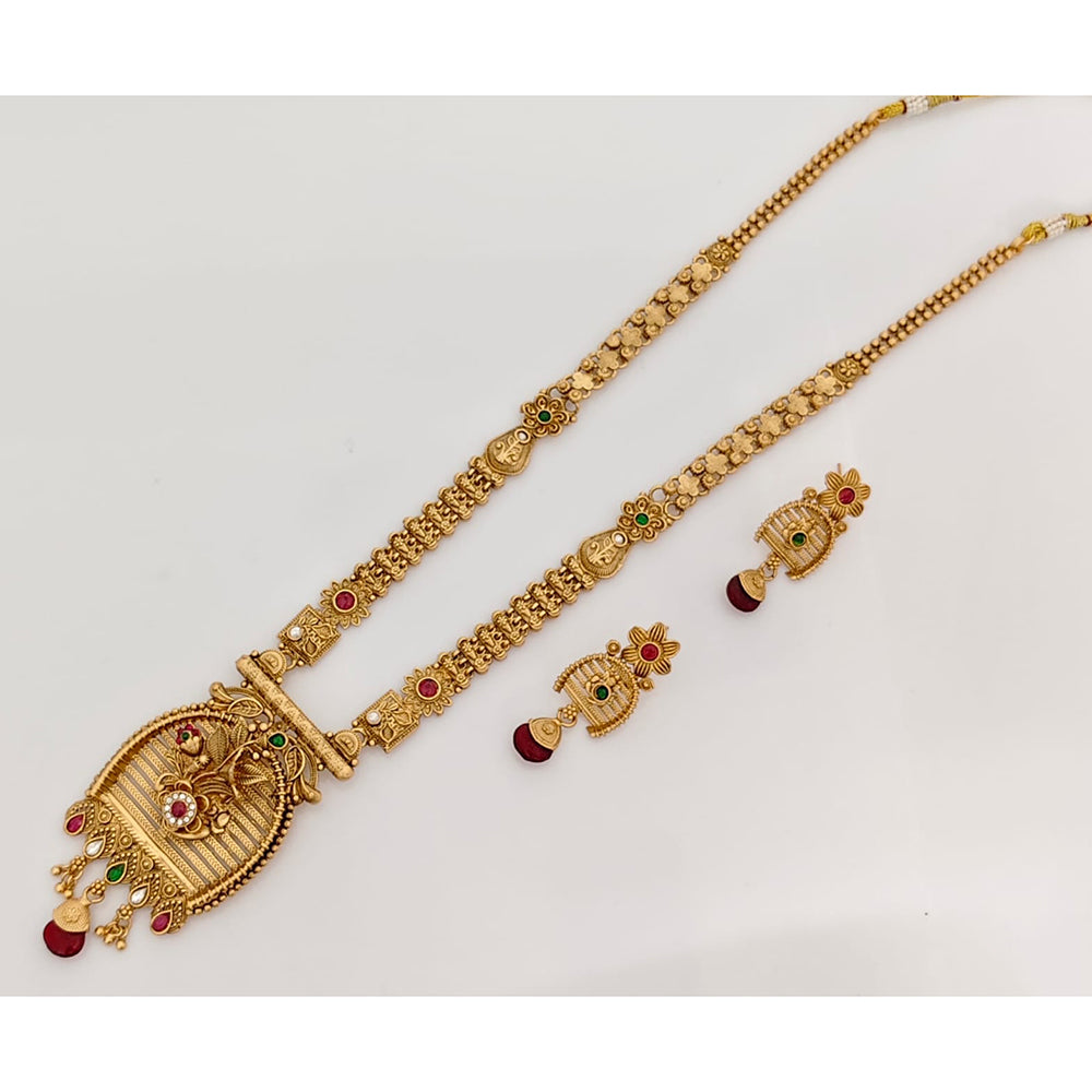 Rajwadi Collection Royal Forming Gold And Pota Stone Long Necklace Set With Flower Motif