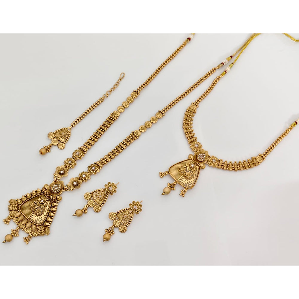 Rajwadi Collection Regal Pota Stone Long And Short Double Necklace Set With Flower Motifs