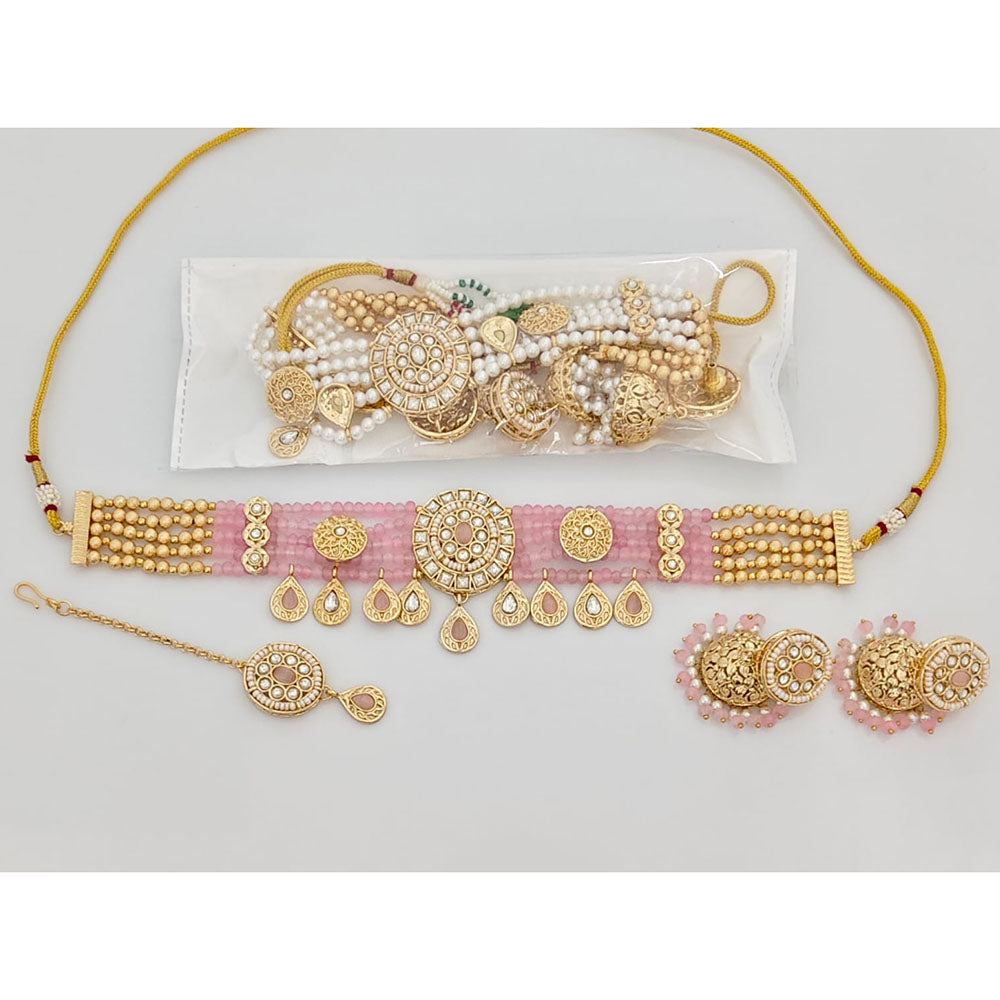 Rajwadi Collection Elegant Pota Stone With Pearls And Beads Choker Necklace Set