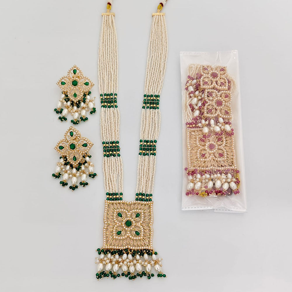 Rajwadi Collection Floral Bloom Pota Stone And Pearl Long Necklace Set