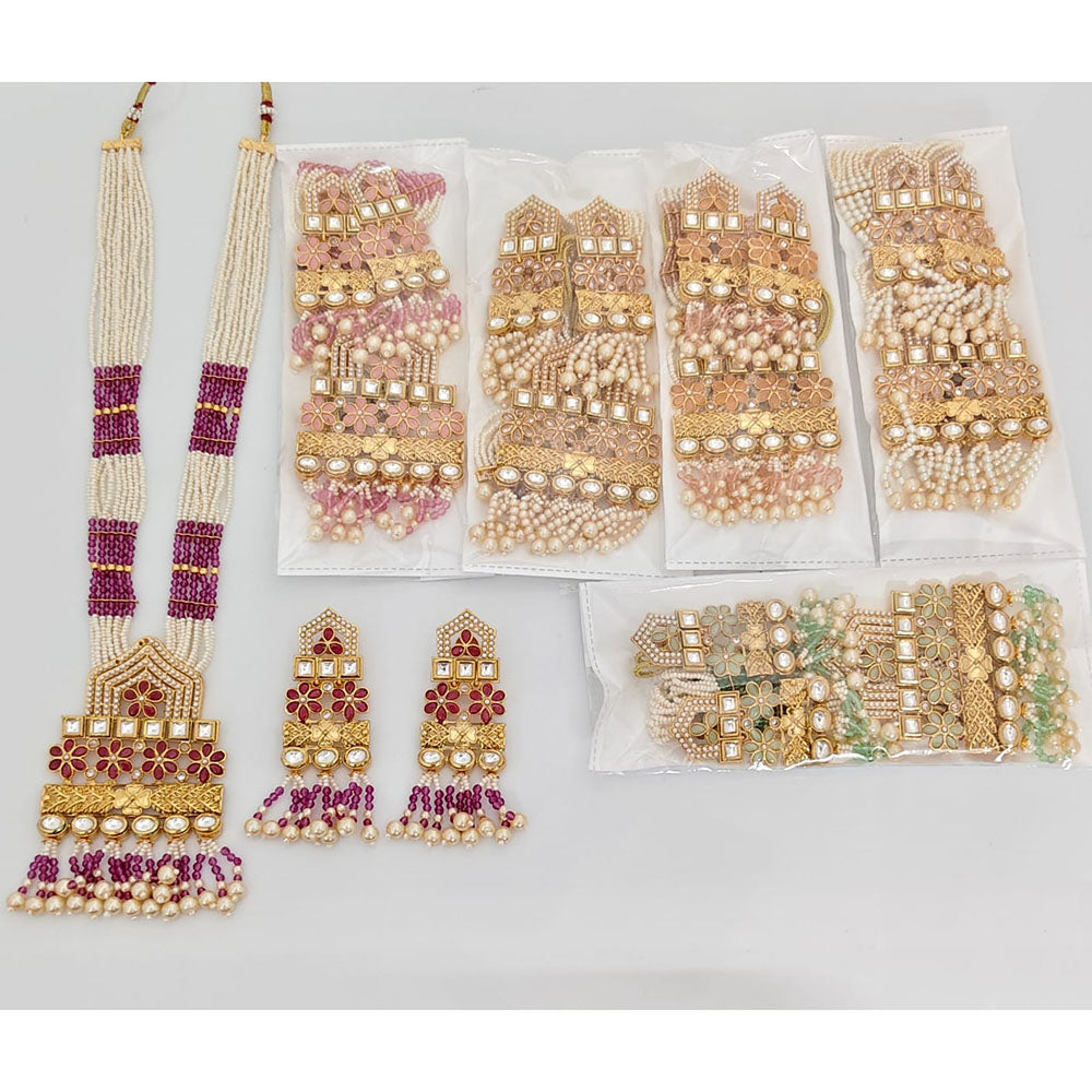 Rajwadi Collection Urban Pota Stone And Pearl Long Necklace Set With Flower Motifs
