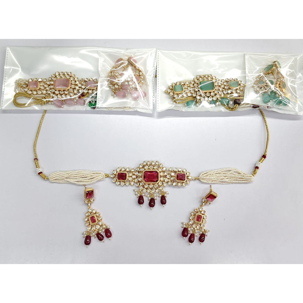 Rajwadi Collection Exquisite Pota Stone And Crystals Choker Necklace Set