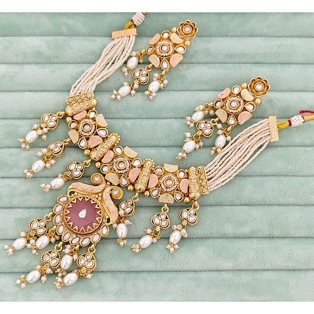 Rajwadi Collection Meenakari Pota Stone and Pearl Necklace Set