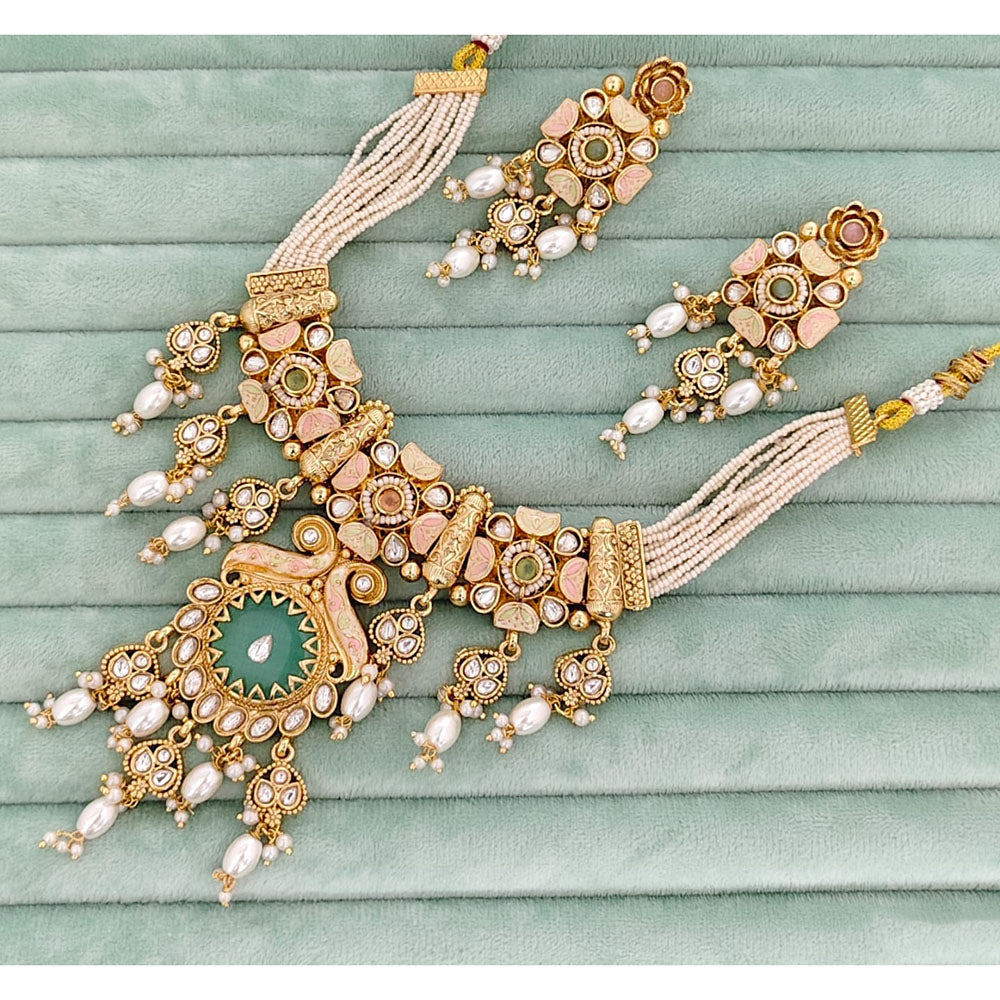 Rajwadi Collection Meenakari Pota Stone and Pearl Necklace Set