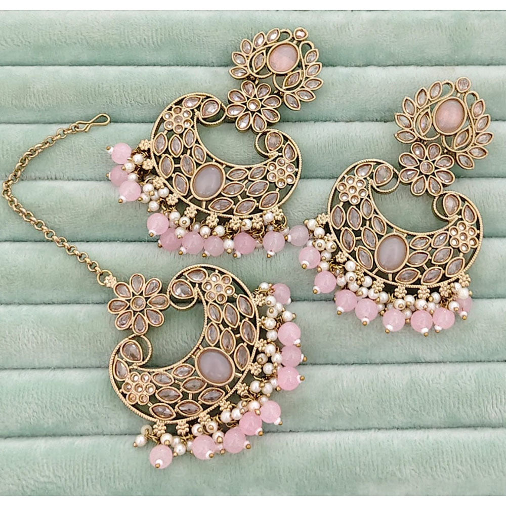 Rajwadi Collection Classic Crystal Stone And Beads Dangler Earrings With Maangtikka