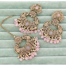 Rajwadi Collection Classic Crystal Stone And Beads Dangler Earrings With Maangtikka