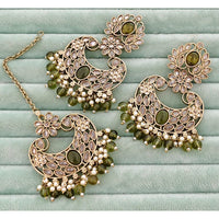 Rajwadi Collection Classic Crystal Stone And Beads Dangler Earrings With Maangtikka