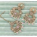 Rajwadi Collection Classic Crystal Stone And Beads Dangler Earrings With Maangtikka