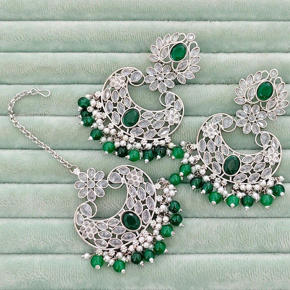 Rajwadi Collection Classic Crystal Stone And Beads Dangler Earrings With Maangtikka