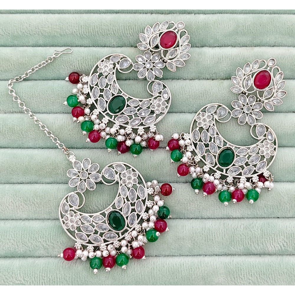 Rajwadi Collection Classic Crystal Stone And Beads Dangler Earrings With Maangtikka