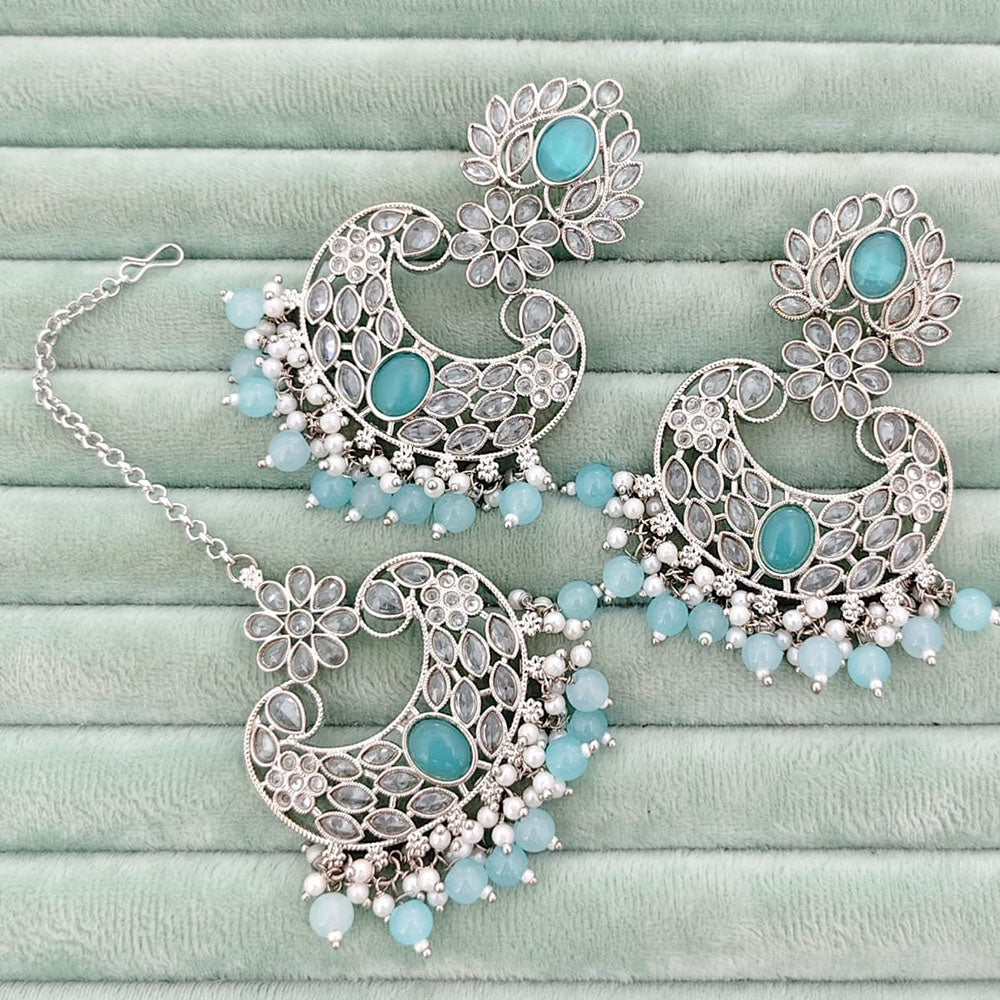 Rajwadi Collection Classic Crystal Stone And Beads Dangler Earrings With Maangtikka