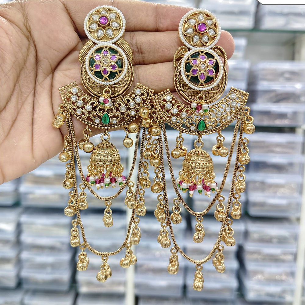 Rajwadi Collection Royal Kashmiri Long Pota Stone And Ghungroo Jhumki Earrings