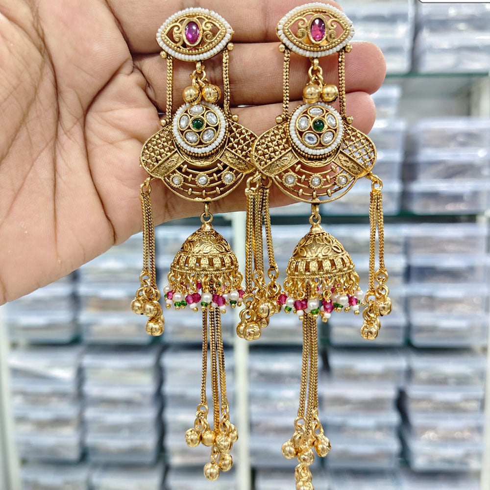 Rajwadi Collection Royal Kashmiri Long Pota Stone And Ghungroo Jhumki Earrings