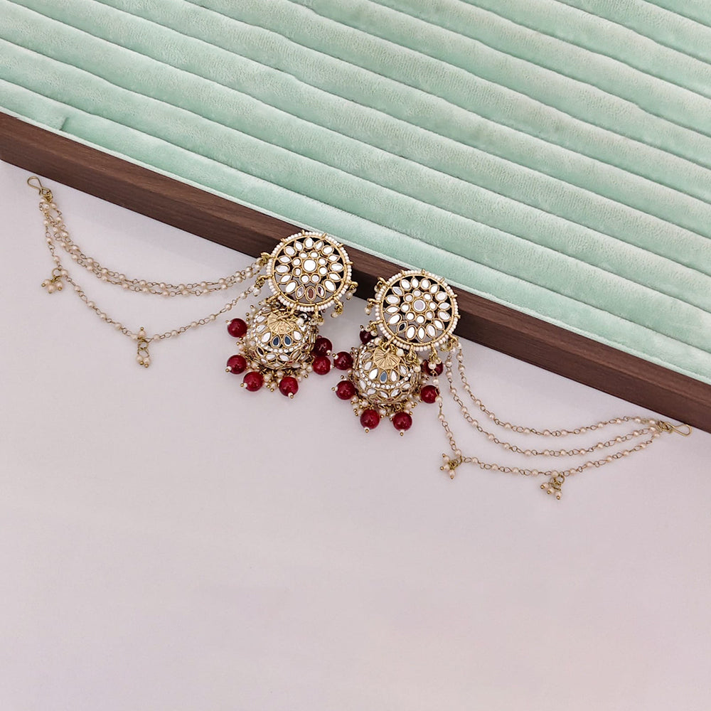 Rajwadi Collection Heritage Mirror And Beads Jhumki Kan Chain Earrings