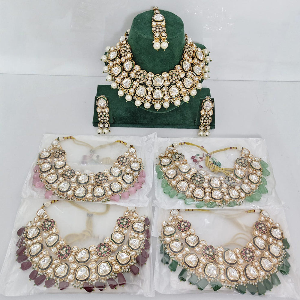 Rajwadi Collection Ethnic Pota Stone And Pearl Choker Necklace Set