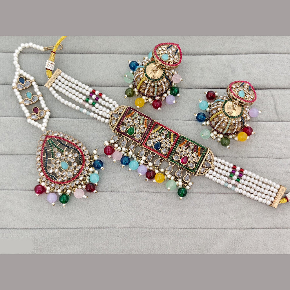 Rajwadi Collection Premium Polki Kundan Stone And Pearl Choker Necklace Set