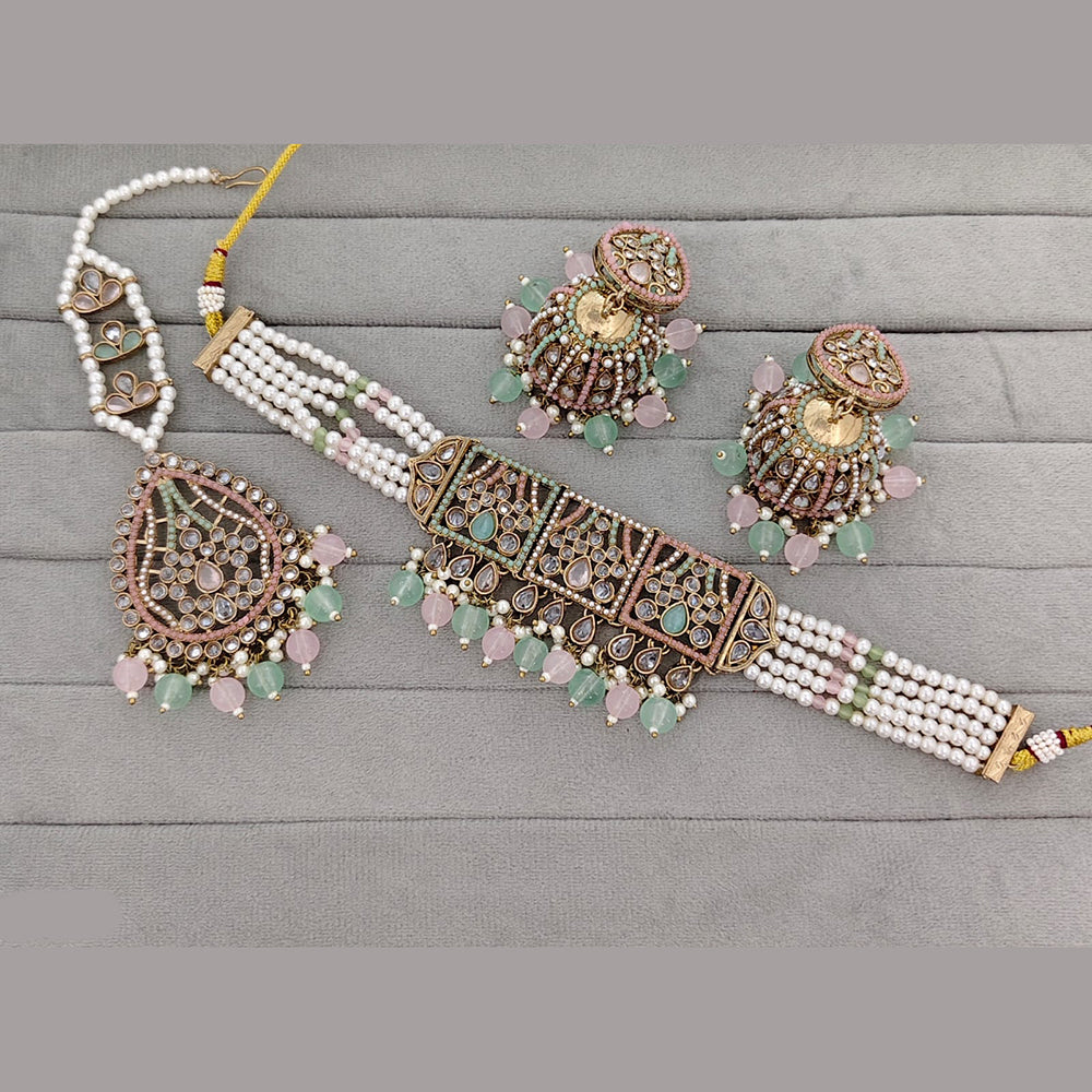 Rajwadi Collection Premium Polki Kundan Stone And Pearl Choker Necklace Set