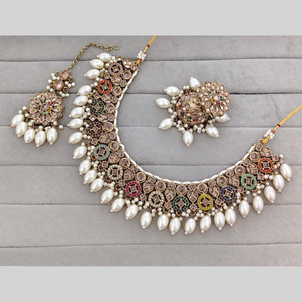 Rajwadi Collection Crystal Stone Pearl And Beads Statement Necklace Set