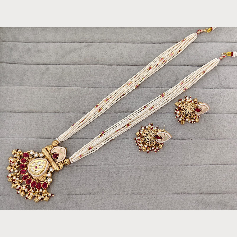 Rajwadi Collection Royal Pota Stone And Pearl Meenakari Long Necklace Set