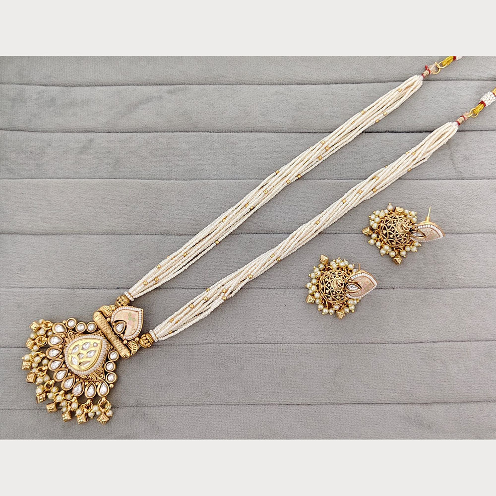Rajwadi Collection Royal Pota Stone And Pearl Meenakari Long Necklace Set