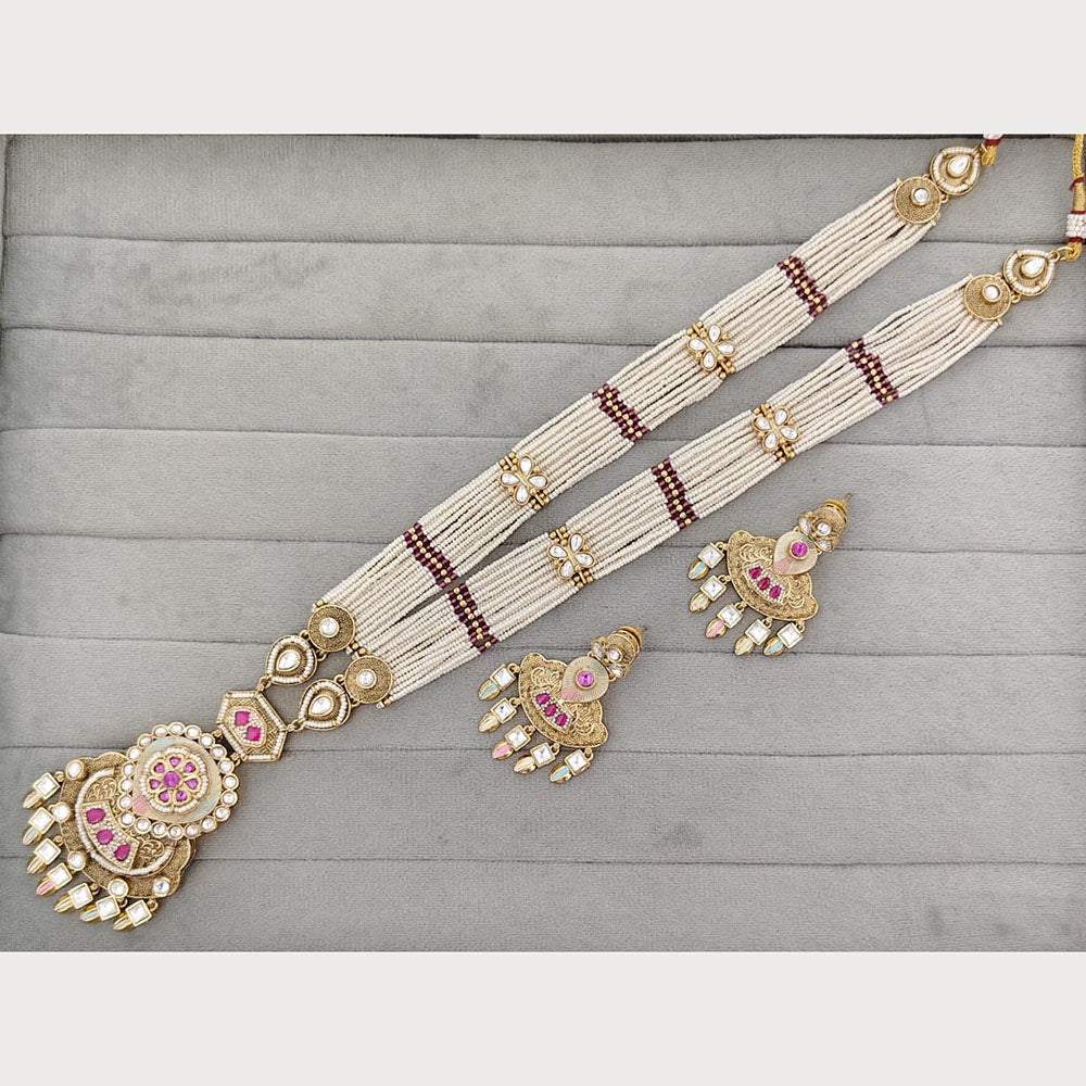Rajwadi Collection Royal Pota Stone And Pearl Meenakari Long Necklace Set