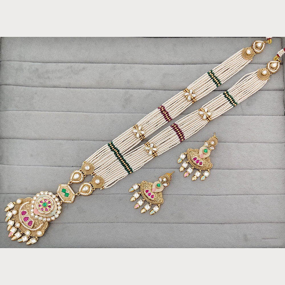 Rajwadi Collection Royal Pota Stone And Pearl Meenakari Long Necklace Set