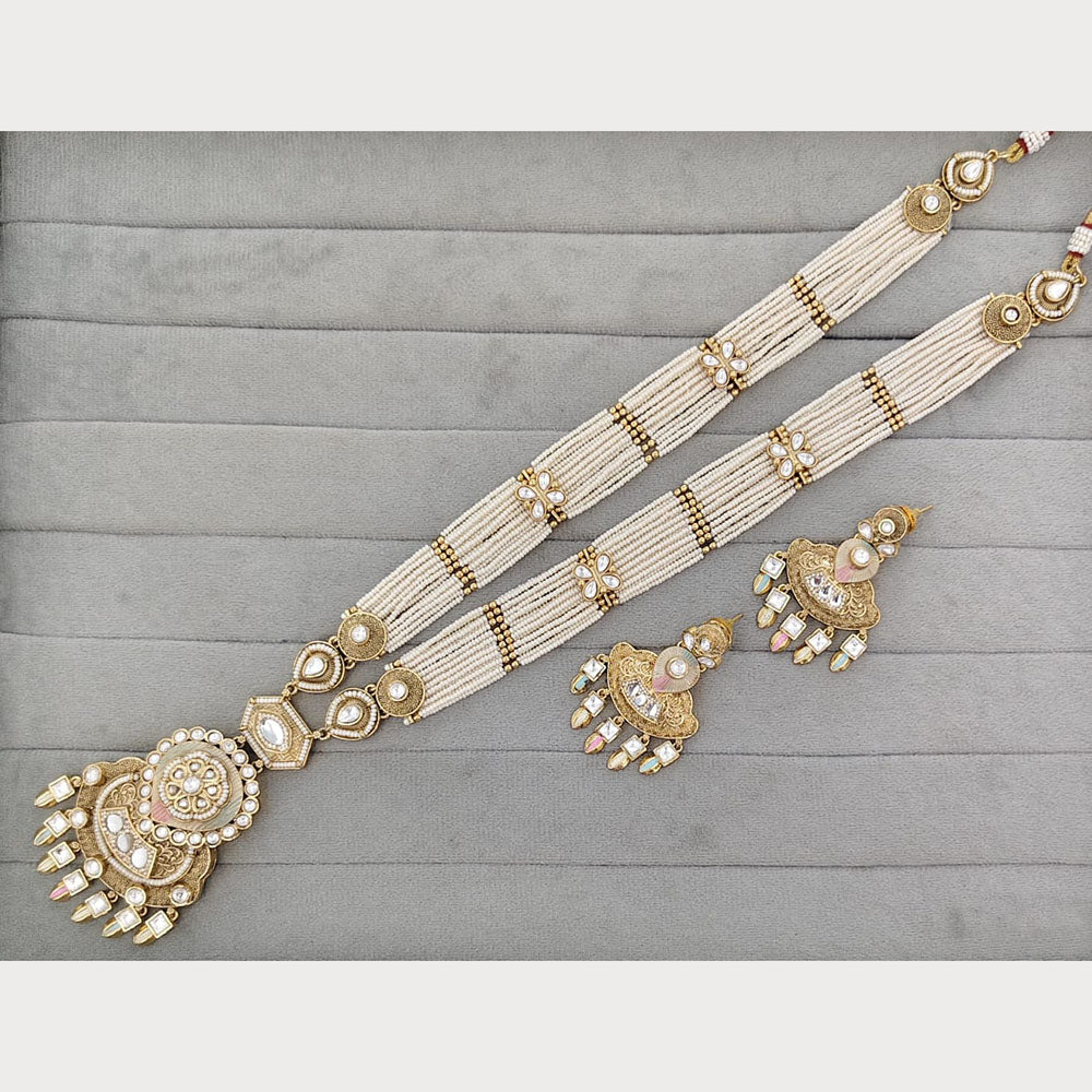 Rajwadi Collection Royal Pota Stone And Pearl Meenakari Long Necklace Set
