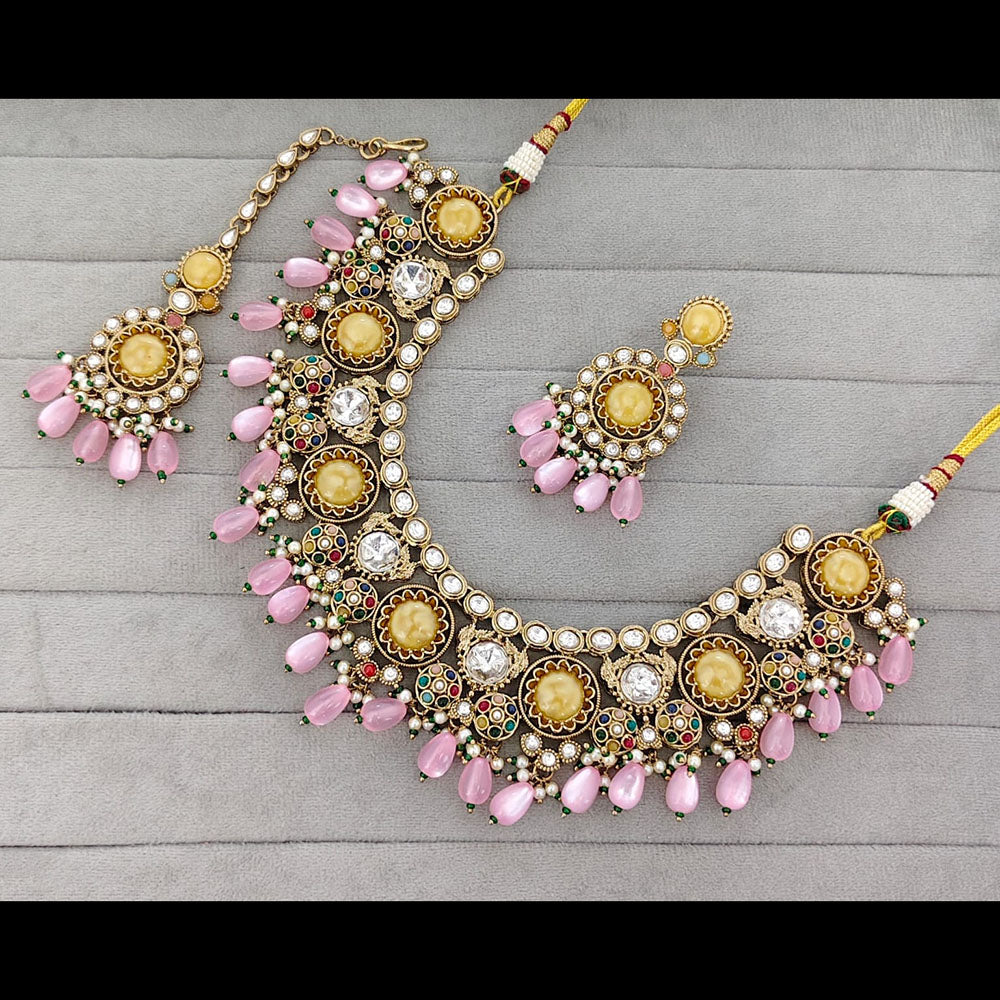 Rajwadi Collection Graceful Pota Stone And Pearl Necklace Set With Earrings