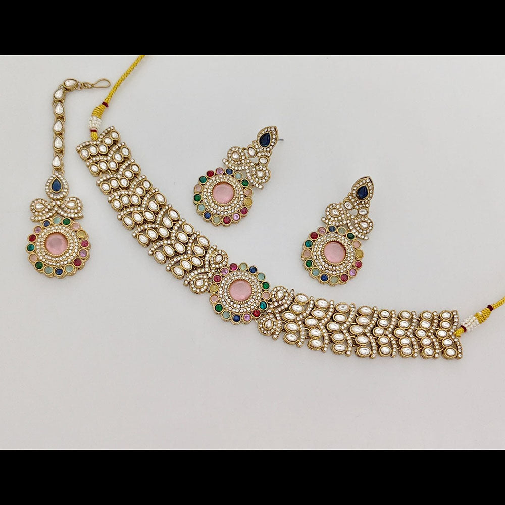 Rajwadi Collection Graceful Pota Stone And Austrian Stone Choker Necklace Set With Earrings