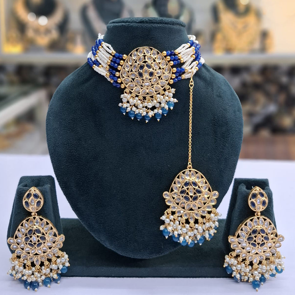 Rajwadi Collection Grand Crystal Stone Pearl And Beads Choker Necklace Set