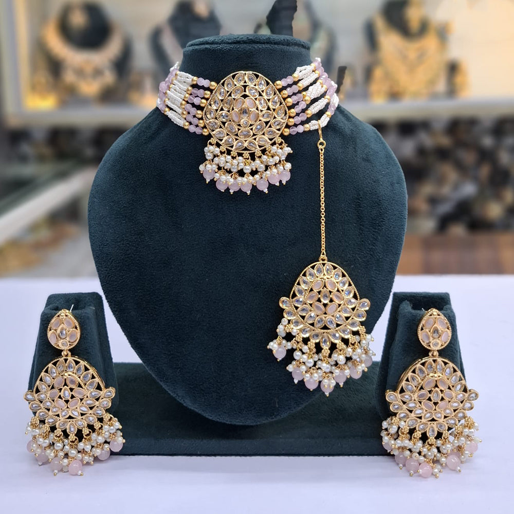 Rajwadi Collection Grand Crystal Stone Pearl And Beads Choker Necklace Set