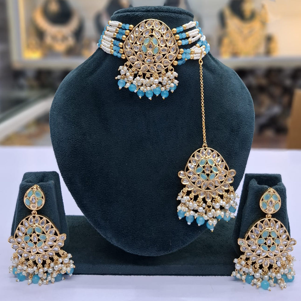 Rajwadi Collection Grand Crystal Stone Pearl And Beads Choker Necklace Set