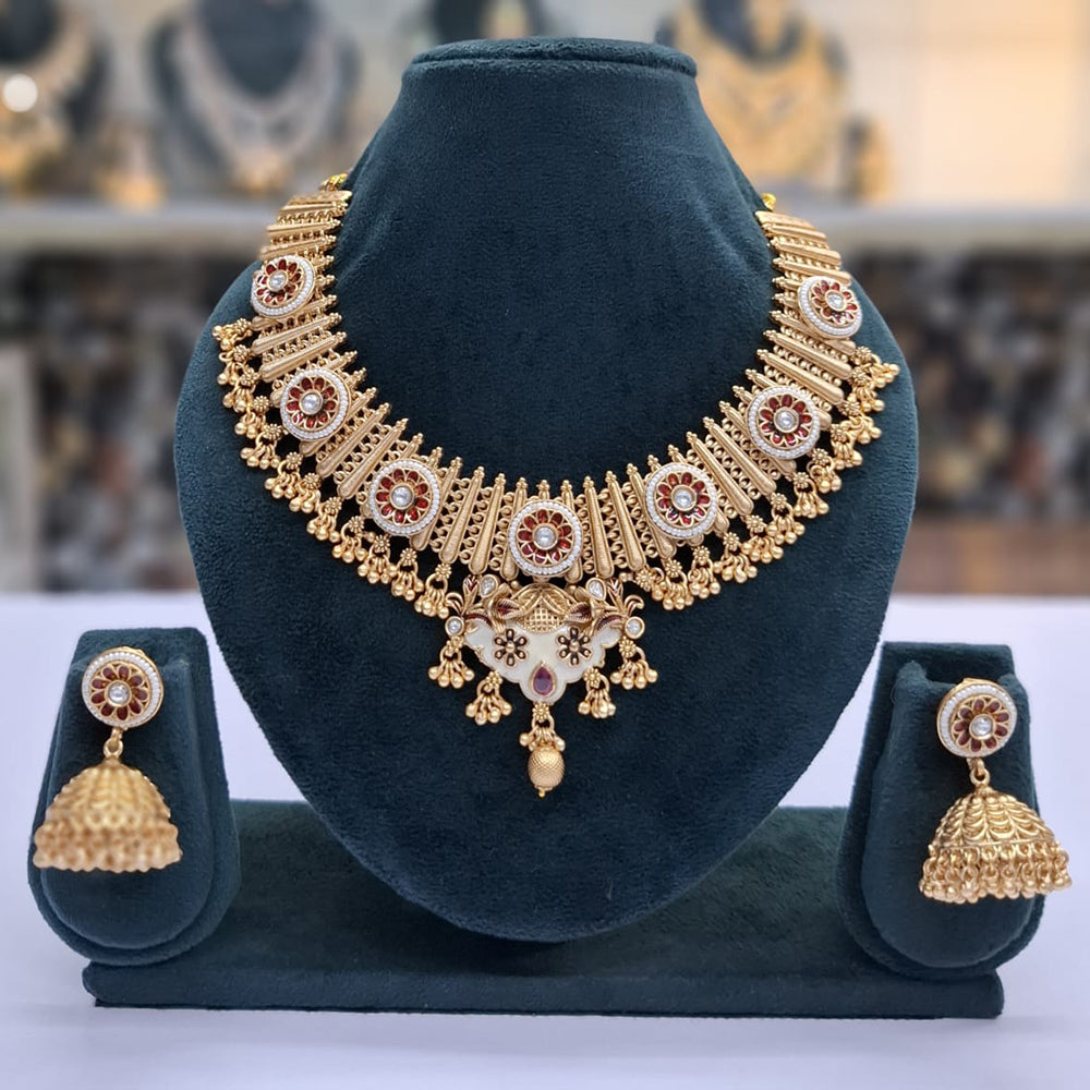 Rajwadi Collection Heritage Pota Stone And Pearl Meenakari Necklace Set