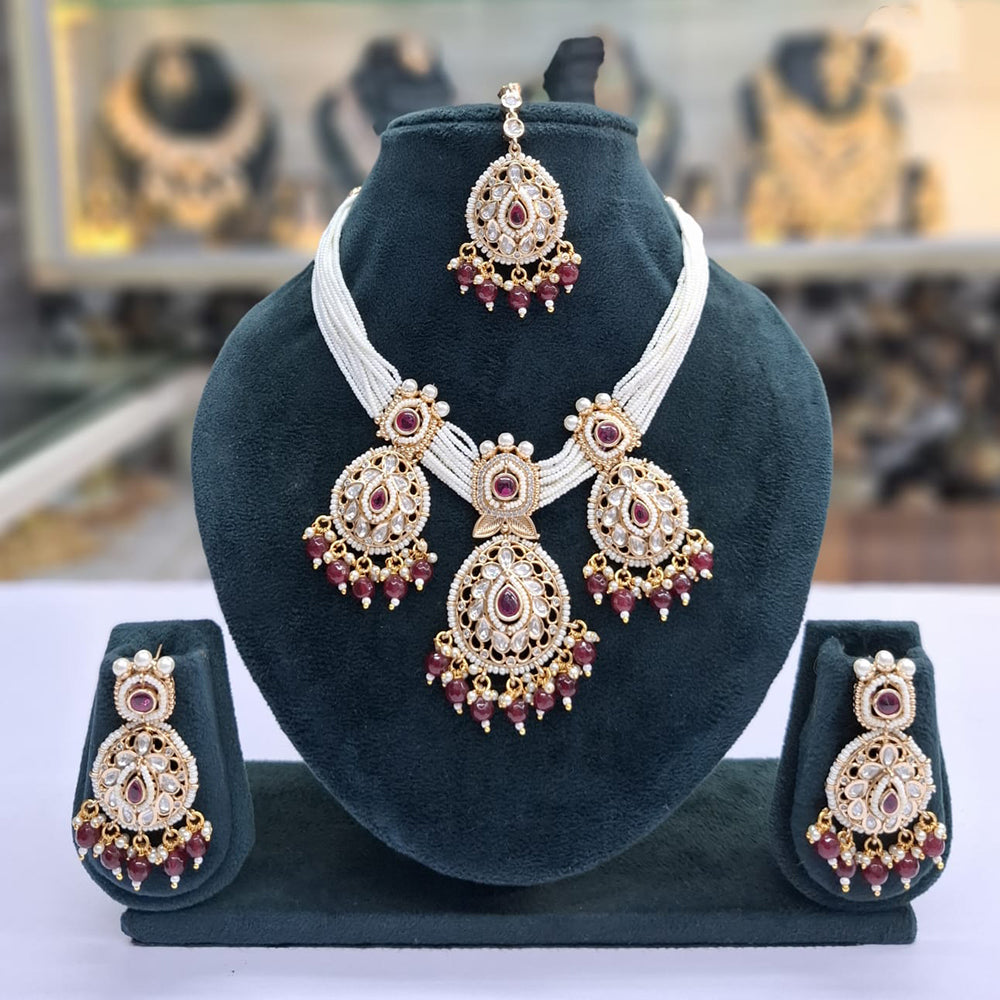 Rajwadi Collection Grand Crystal Stone Pearl And Beads Choker Necklace Set