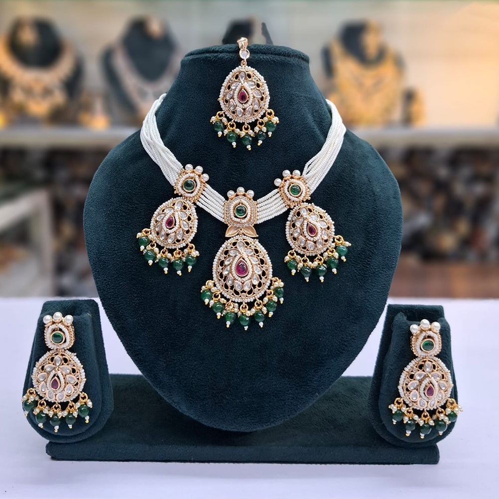 Rajwadi Collection Grand Crystal Stone Pearl And Beads Choker Necklace Set