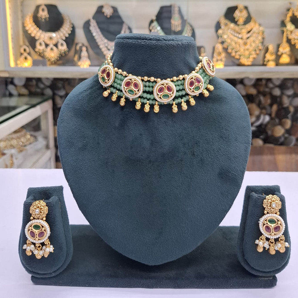 Rajwadi Collection Pota Stone And Pearl Statement Choker Necklace Set