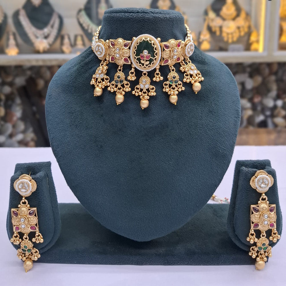 Rajwadi Collection Pota Stone And Pearl Statement Choker Necklace Set