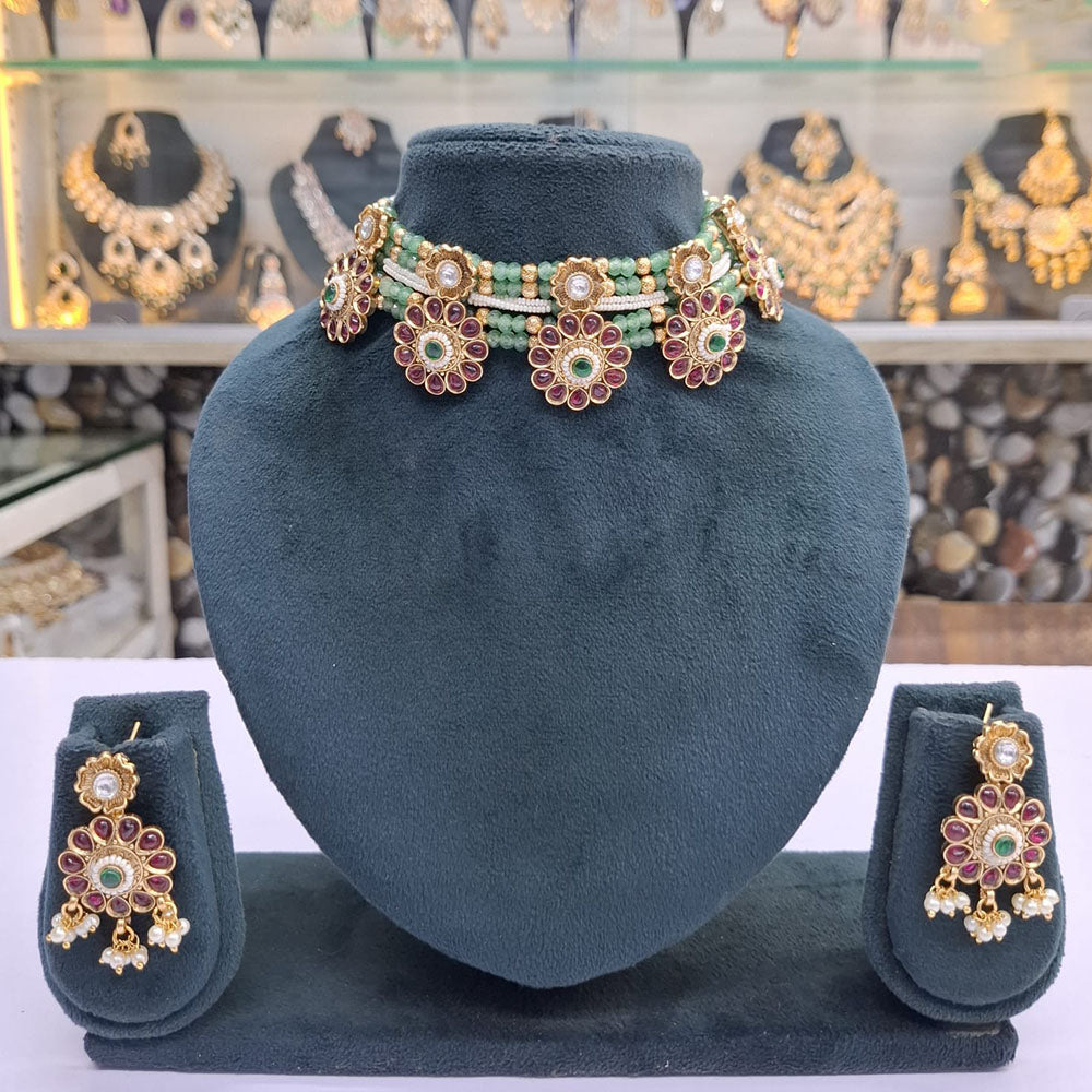 Rajwadi Collection Pota Stone And Pearl Statement Choker Necklace Set