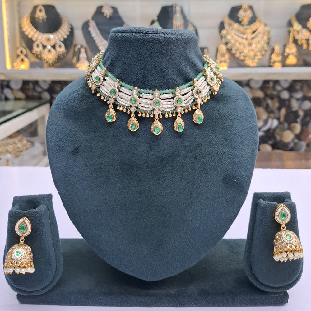 Rajwadi Collection Pota Stone And Pearl Statement Choker Necklace Set
